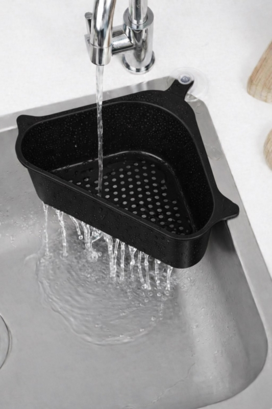 Vantuzlu Üçgen Lavabo Süzgeci Mutfak Evye Köşe Süzgeci Siyah - 3
