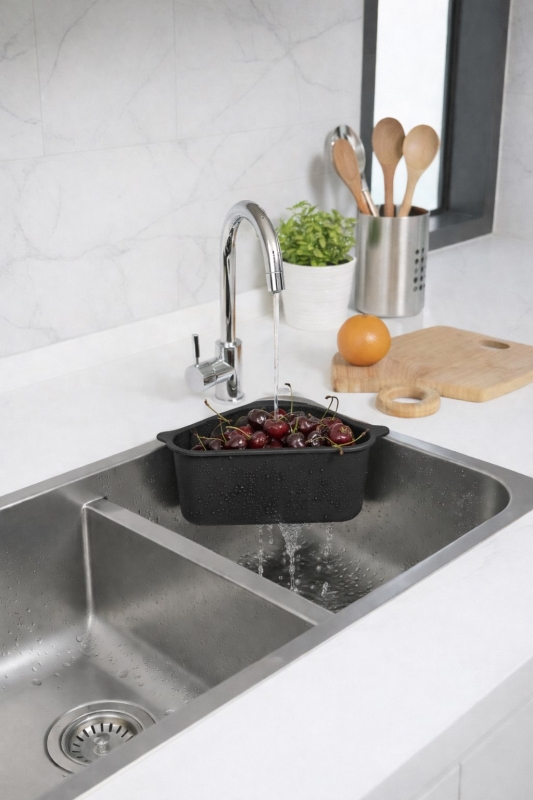 Vantuzlu Üçgen Lavabo Süzgeci Mutfak Evye Köşe Süzgeci Siyah - 6