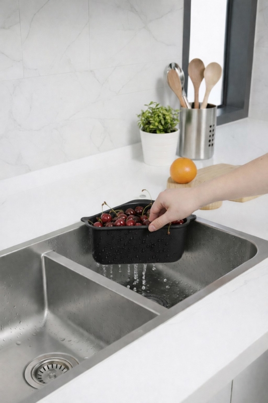 Vantuzlu Üçgen Lavabo Süzgeci Mutfak Evye Köşe Süzgeci Siyah - 7