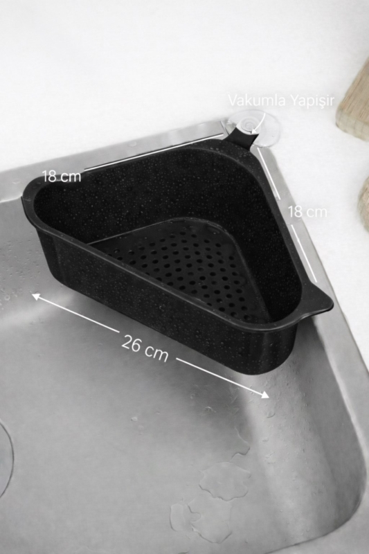 Vantuzlu Üçgen Lavabo Süzgeci Mutfak Evye Köşe Süzgeci Siyah - 8