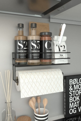 Siyah Yapışkanlı Raflı Kağıt Rulo Havluluk, Peçetelik, Solo Kağıtlık Banyo Mutfak Düzenleyici Raf - Fevito