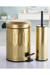 Sas Haus - Pedallı Çöp Kovası Tuvalet Wc Fırçası Banyo Çöp Kovası 2li Banyo Seti 5 Litre Gold Vintage