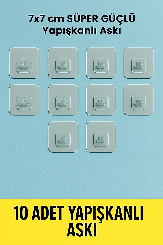 10 Adet 7x7cm Yedek Süper Güçlü Yapışkanlı Askı, 20KG Banyo - Mutfak Raf Tutucu Sticker, Delmesiz - 5