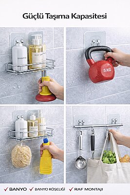 10 Adet 7x7cm Yedek Süper Güçlü Yapışkanlı Askı, 20KG Banyo - Mutfak Raf Tutucu Sticker, Delmesiz - 4