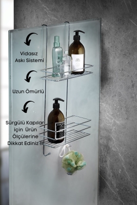 2 Katlı Askılı Banyo Duş Rafı Sabunluk Şampuanlık Duşakabin Askısı Krom - 3