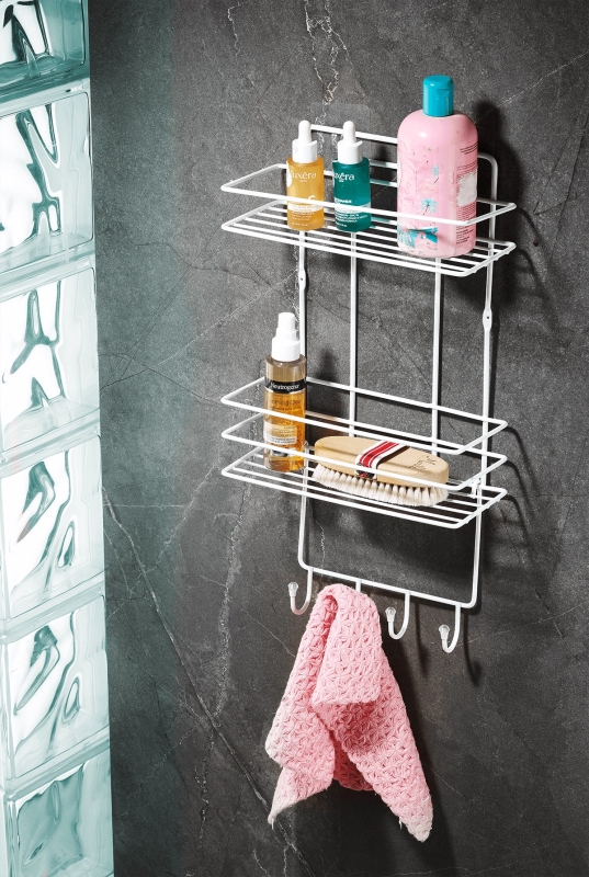 2 Katlı Beyaz Kancalı Banyo Duş Rafı, Şampuanlık, Lif/Kese Askılı, Paslanmaz Metal Banyo Düzenleyici - 1