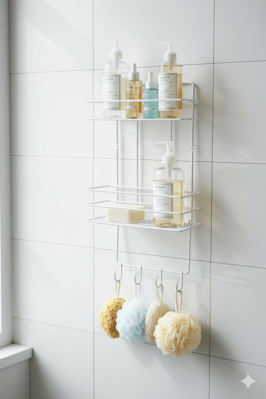 2 Katlı Beyaz Kancalı Banyo Duş Rafı, Şampuanlık, Lif/Kese Askılı, Paslanmaz Metal Banyo Düzenleyici - 2