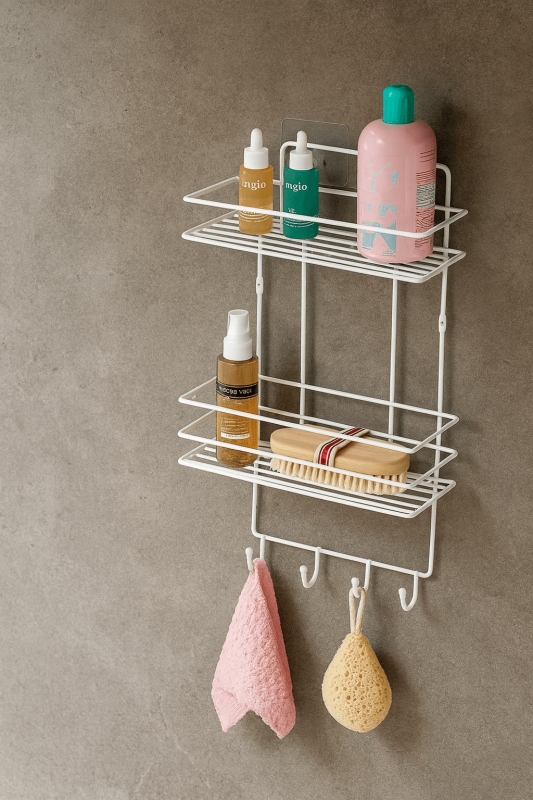 2 Katlı Beyaz Kancalı Banyo Duş Rafı, Şampuanlık, Lif/Kese Askılı, Paslanmaz Metal Banyo Düzenleyici - 3