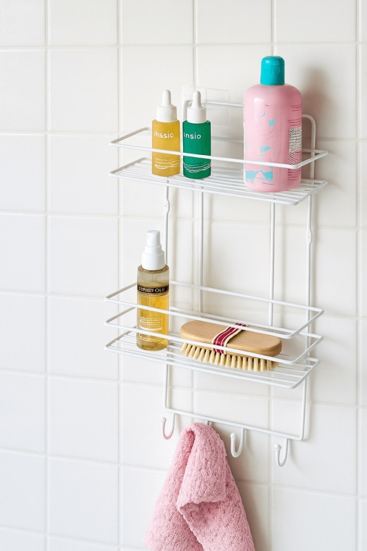 2 Katlı Beyaz Kancalı Banyo Duş Rafı, Şampuanlık, Lif/Kese Askılı, Paslanmaz Metal Banyo Düzenleyici - 4