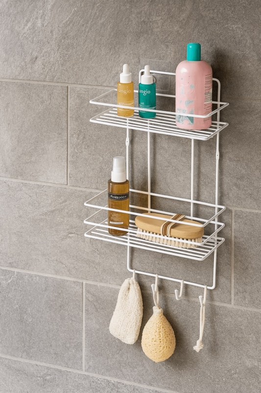 2 Katlı Beyaz Kancalı Banyo Duş Rafı, Şampuanlık, Lif/Kese Askılı, Paslanmaz Metal Banyo Düzenleyici - 5