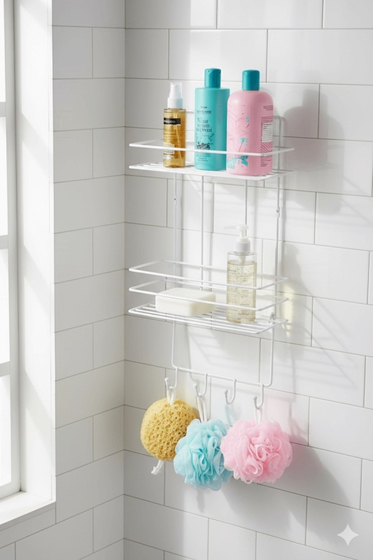 2 Katlı Beyaz Kancalı Banyo Duş Rafı, Şampuanlık, Lif/Kese Askılı, Paslanmaz Metal Banyo Düzenleyici - 6