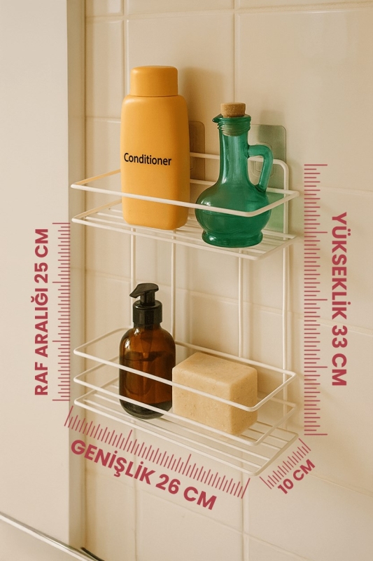 2 Katlı Beyaz Kancalı Banyo Duş Rafı, Şampuanlık, Lif/Kese Askılı, Paslanmaz Metal Banyo Düzenleyici - 7