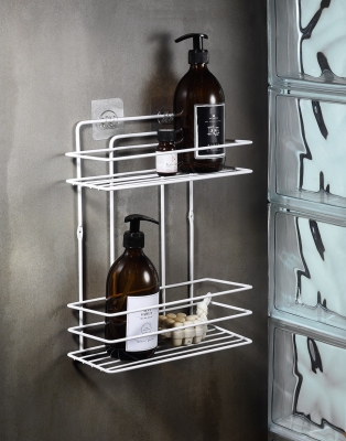 2 Katlı Beyaz Yapışkanlı Banyo Rafı, Duş, Şampuanlık Düzenleyici, Paslanmaz Metal Vidala/Yapıştır - 1