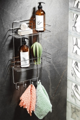 2 Katlı Krom Kancalı Banyo Duş Rafı, Şampuanlık, Lif/Kese Askılı, Paslanmaz Metal, Banyo Düzenleyici - 1