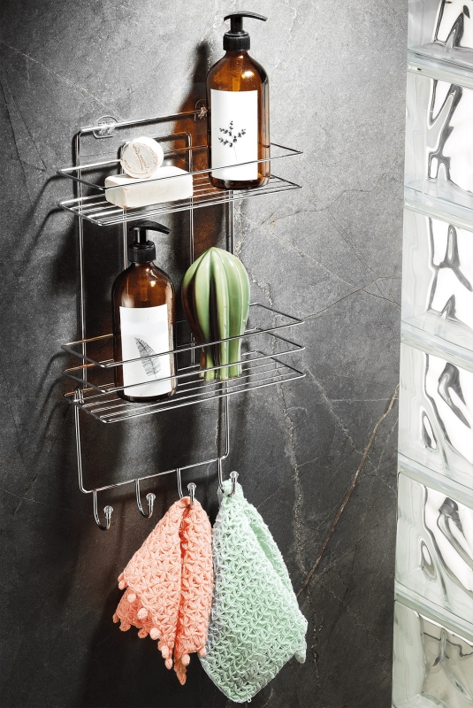 2 Katlı Krom Kancalı Banyo Duş Rafı, Şampuanlık, Lif/Kese Askılı, Paslanmaz Metal, Banyo Düzenleyici - 1