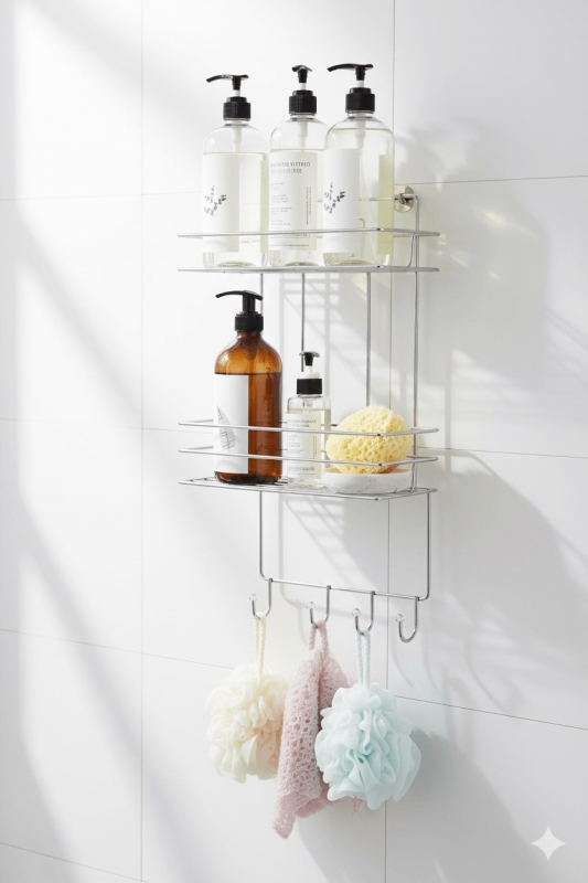 2 Katlı Krom Kancalı Banyo Duş Rafı, Şampuanlık, Lif/Kese Askılı, Paslanmaz Metal, Banyo Düzenleyici - 2