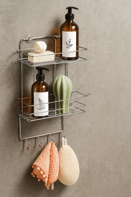 2 Katlı Krom Kancalı Banyo Duş Rafı, Şampuanlık, Lif/Kese Askılı, Paslanmaz Metal, Banyo Düzenleyici - 3