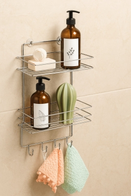 2 Katlı Krom Kancalı Banyo Duş Rafı, Şampuanlık, Lif/Kese Askılı, Paslanmaz Metal, Banyo Düzenleyici - 4