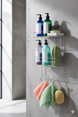 2 Katlı Krom Kancalı Banyo Duş Rafı, Şampuanlık, Lif/Kese Askılı, Paslanmaz Metal, Banyo Düzenleyici - 5