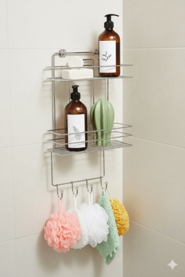 2 Katlı Krom Kancalı Banyo Duş Rafı, Şampuanlık, Lif/Kese Askılı, Paslanmaz Metal, Banyo Düzenleyici - 6