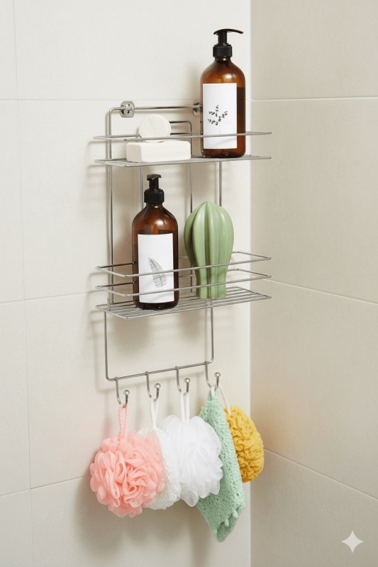 2 Katlı Krom Kancalı Banyo Duş Rafı, Şampuanlık, Lif/Kese Askılı, Paslanmaz Metal, Banyo Düzenleyici - 6