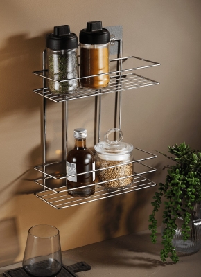 2 Katlı Krom Mutfak Askısı, Baharatlık Rafı - Duvara Monte, Yapıştır/Vidala, Paslanmaz Metal - Sas Haus
