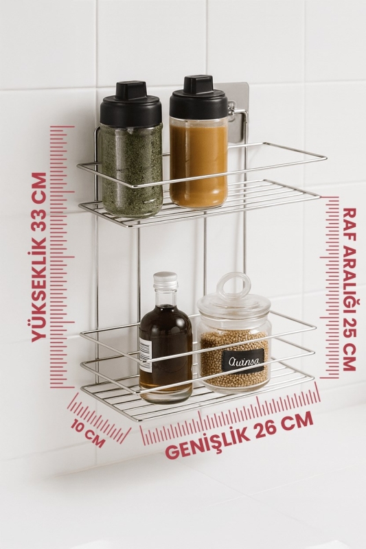 2 Katlı Krom Mutfak Askısı, Baharatlık Rafı - Duvara Monte, Yapıştır/Vidala, Paslanmaz Metal - 2