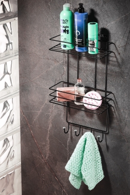 2 Katlı Siyah Kancalı Banyo Duş Rafı, Şampuanlık, Lif/Kese Askılı, Paslanmaz Metal Banyo Düzenleyici - 1