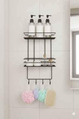 2 Katlı Siyah Kancalı Banyo Duş Rafı, Şampuanlık, Lif/Kese Askılı, Paslanmaz Metal Banyo Düzenleyici - 2