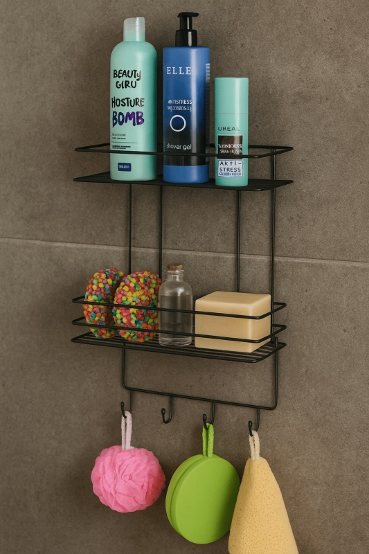 2 Katlı Siyah Kancalı Banyo Duş Rafı, Şampuanlık, Lif/Kese Askılı, Paslanmaz Metal Banyo Düzenleyici - 3