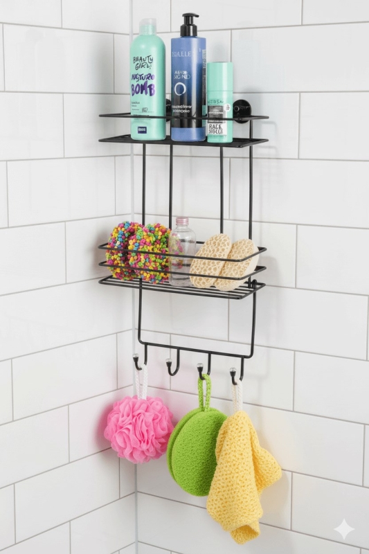 2 Katlı Siyah Kancalı Banyo Duş Rafı, Şampuanlık, Lif/Kese Askılı, Paslanmaz Metal Banyo Düzenleyici - 4