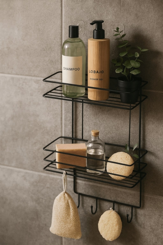 2 Katlı Siyah Kancalı Banyo Duş Rafı, Şampuanlık, Lif/Kese Askılı, Paslanmaz Metal Banyo Düzenleyici - 5