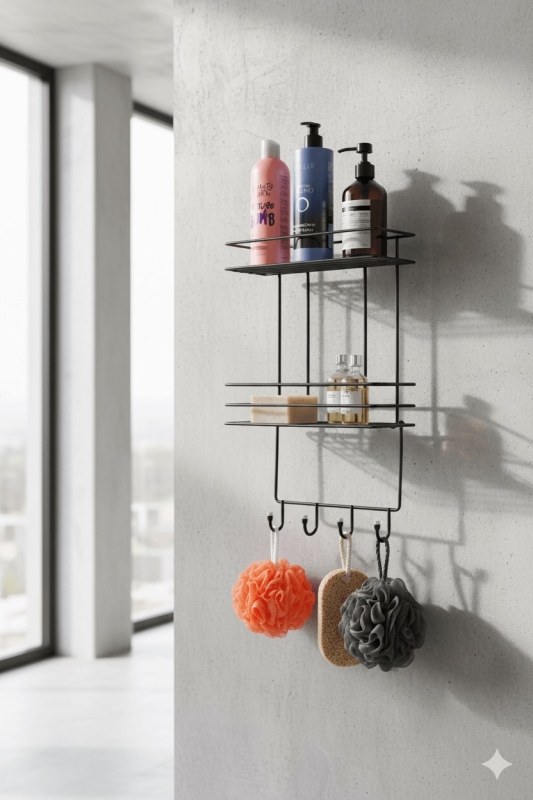 2 Katlı Siyah Kancalı Banyo Duş Rafı, Şampuanlık, Lif/Kese Askılı, Paslanmaz Metal Banyo Düzenleyici - 6