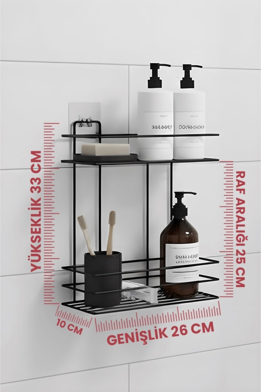 2 Katlı Siyah Kancalı Banyo Duş Rafı, Şampuanlık, Lif/Kese Askılı, Paslanmaz Metal Banyo Düzenleyici - 7