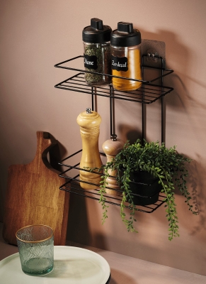 2 Katlı Siyah Mutfak Askısı, Baharatlık Rafı - Duvara Monte, Yapıştır/Vidala, Paslanmaz Metal - Sas Haus