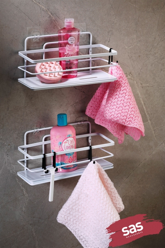 2’li Beyaz Yapışkanlı Ayarlanabilir Banyo Rafı, Paslanmaz Kristal Şampuanlık, (Yapıştır/Vidala) - 1