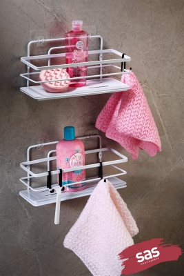 2’li Beyaz Yapışkanlı Ayarlanabilir Banyo Rafı, Paslanmaz Kristal Şampuanlık, (Yapıştır/Vidala) - Sas Haus