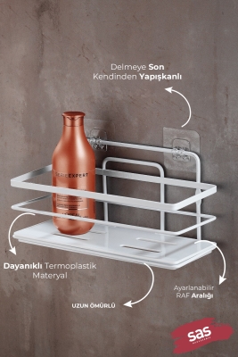 2’li Beyaz Yapışkanlı Ayarlanabilir Banyo Rafı, Paslanmaz Kristal Şampuanlık, (Yapıştır/Vidala) - 2