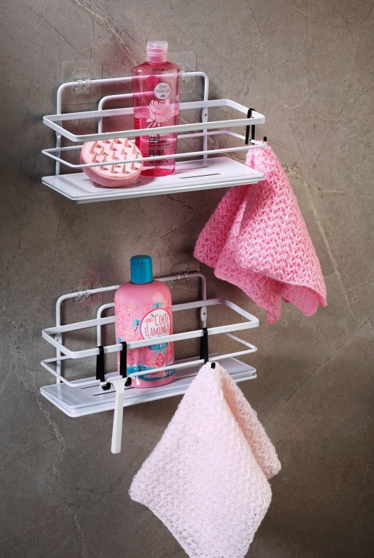 2’li Beyaz Yapışkanlı Ayarlanabilir Banyo Rafı, Paslanmaz Kristal Şampuanlık, (Yapıştır/Vidala) - 5