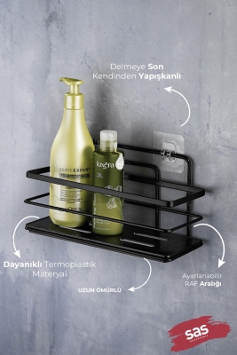 2’li Siyah Yapışkanlı Ayarlanabilir Banyo Rafı, Paslanmaz Kristal Şampuanlık (Yapıştır/Vidala) - 2