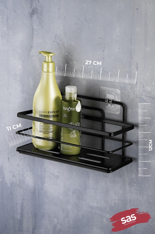2’li Siyah Yapışkanlı Ayarlanabilir Banyo Rafı, Paslanmaz Kristal Şampuanlık (Yapıştır/Vidala) - 3