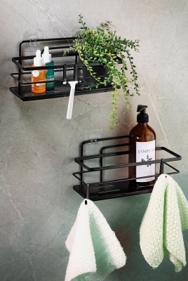2’li Siyah Yapışkanlı Ayarlanabilir Banyo Rafı, Paslanmaz Kristal Şampuanlık (Yapıştır/Vidala) - 5