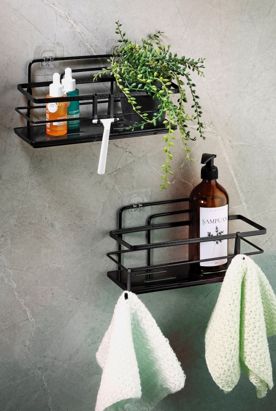 2’li Siyah Yapışkanlı Ayarlanabilir Banyo Rafı, Paslanmaz Kristal Şampuanlık (Yapıştır/Vidala) - 5