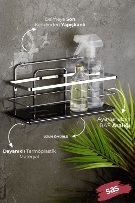 2’li Yapışkanlı Ayarlanabilir Banyo Rafı, Paslanmaz Kristal Şampuanlık, (Yapıştır/Vidala) Krom-Siyah - 2