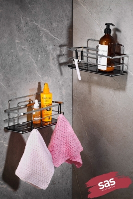 2’li Yapışkanlı Ayarlanabilir Banyo Rafı, Paslanmaz Kristal Şampuanlık, (Yapıştır/Vidala) Krom-Siyah - Sas Haus