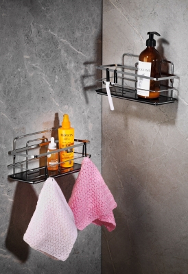 2’li Yapışkanlı Ayarlanabilir Banyo Rafı, Paslanmaz Kristal Şampuanlık, (Yapıştır/Vidala) Krom-Siyah - 5