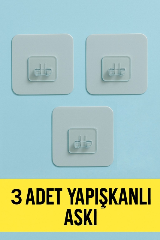 3 Adet 7x7cm Yedek Süper Güçlü Yapışkanlı Askı, 20KG Banyo - Mutfak Raf Tutucu Sticker, Delmesiz - 1