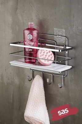4 Kancalı Ayarlanabilir Banyo Duş Rafı – Paslanmaz Kristal Şampuanlık (Yapıştır/Vidala) Krom-Beyaz - Sas Haus
