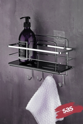 4 Kancalı Ayarlanabilir Banyo Rafı, Paslanmaz Kristal Şampuanlık (Yapıştır/Vidala) Krom-Siyah - 1