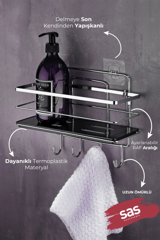 4 Kancalı Ayarlanabilir Banyo Rafı, Paslanmaz Kristal Şampuanlık (Yapıştır/Vidala) Krom-Siyah - 2